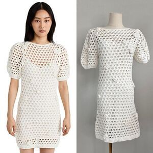 Something Navy Crochet Mini Dress with Floral Appliqué Cottage sz M Boho Beachy